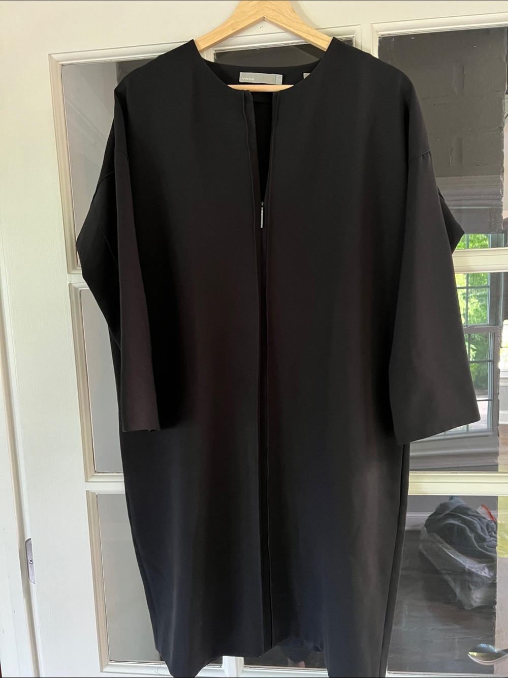 Vince Black Long-Sleeve Zip-Front Shift Dress with Seam Detail